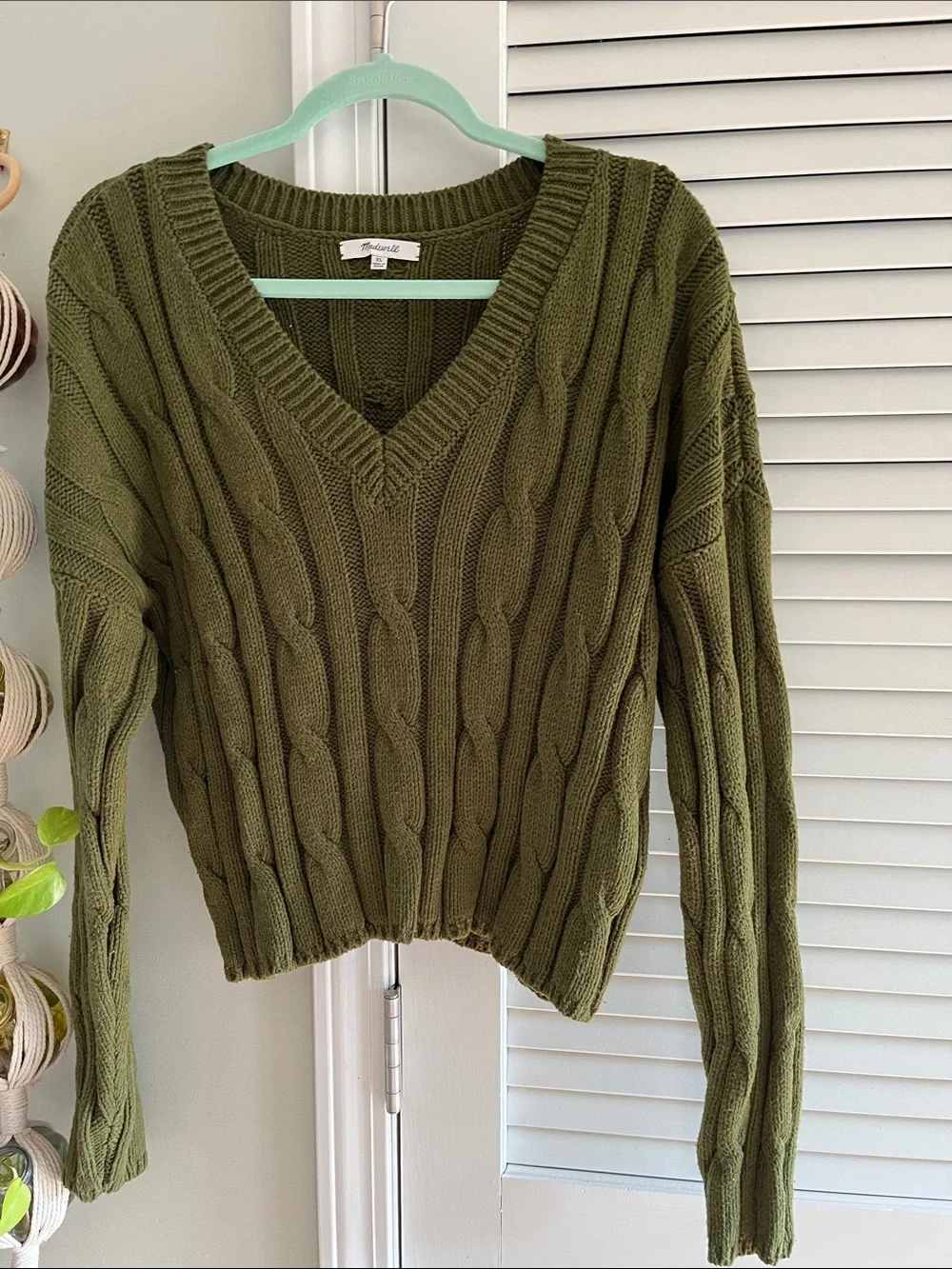 Madewell Olive Cable V-Neck Sweater